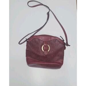 B.O.C. Red Crossbody Shoulder Bag Tooled Pattern Adjustable Strap Outside Pocket